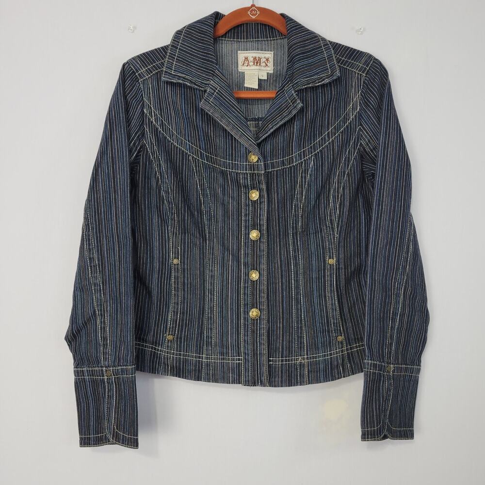 Vintage Striped Snap Button Denim Jacket size S Blue Classic 90s Y2K Western